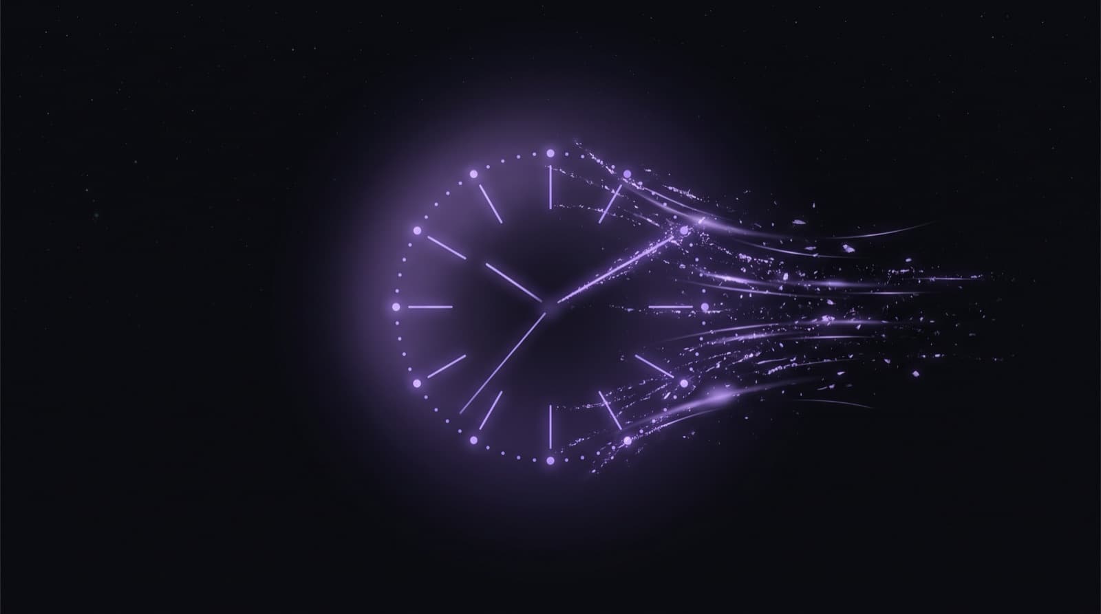A glowing clock face dissolving into rising particles of light, marking the first minutes of a live broadcast