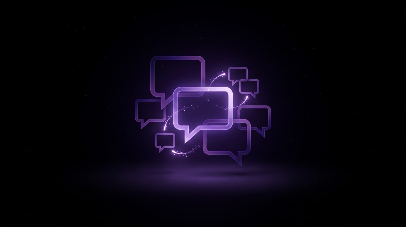 Cluster of glowing speech bubbles, one bright bubble sparking smaller replies around it