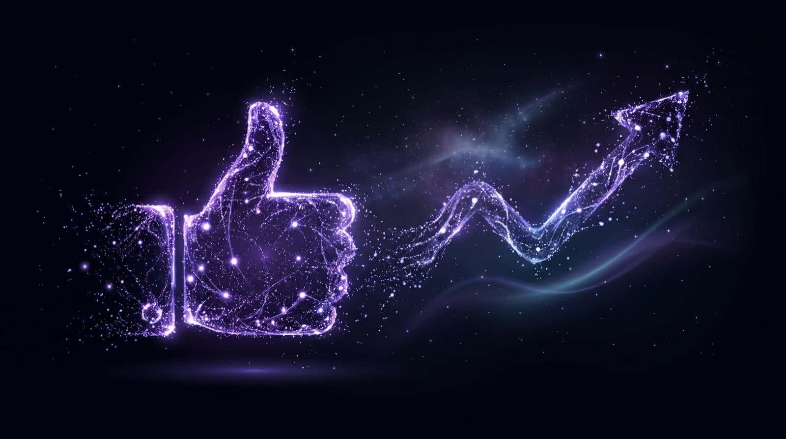 Glowing thumbs-up made of light particles dissolving into a rising analytics curve